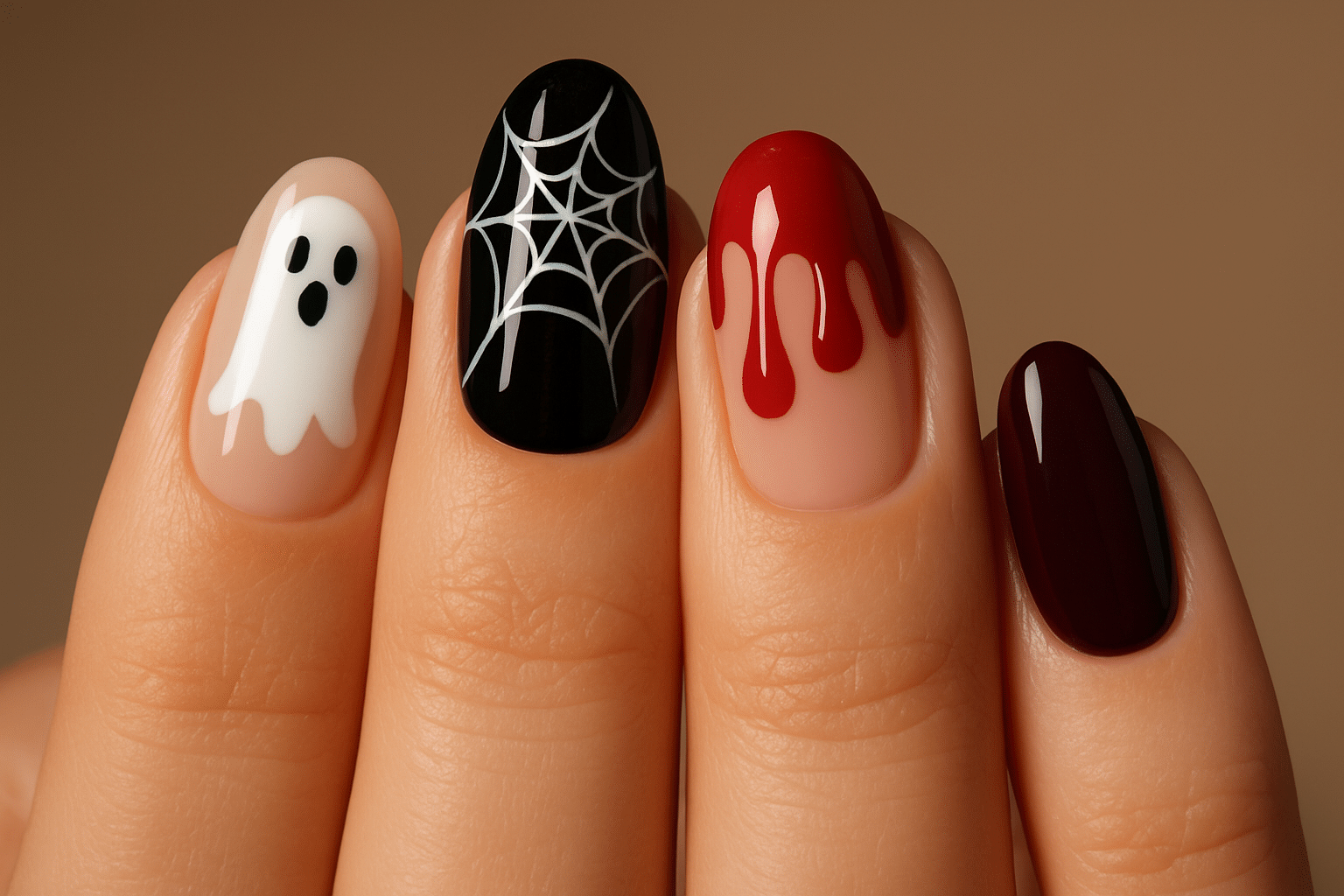 Nahaufnahme einer Hand, die Fingernägel zeigen den Look Halloween Nägel.