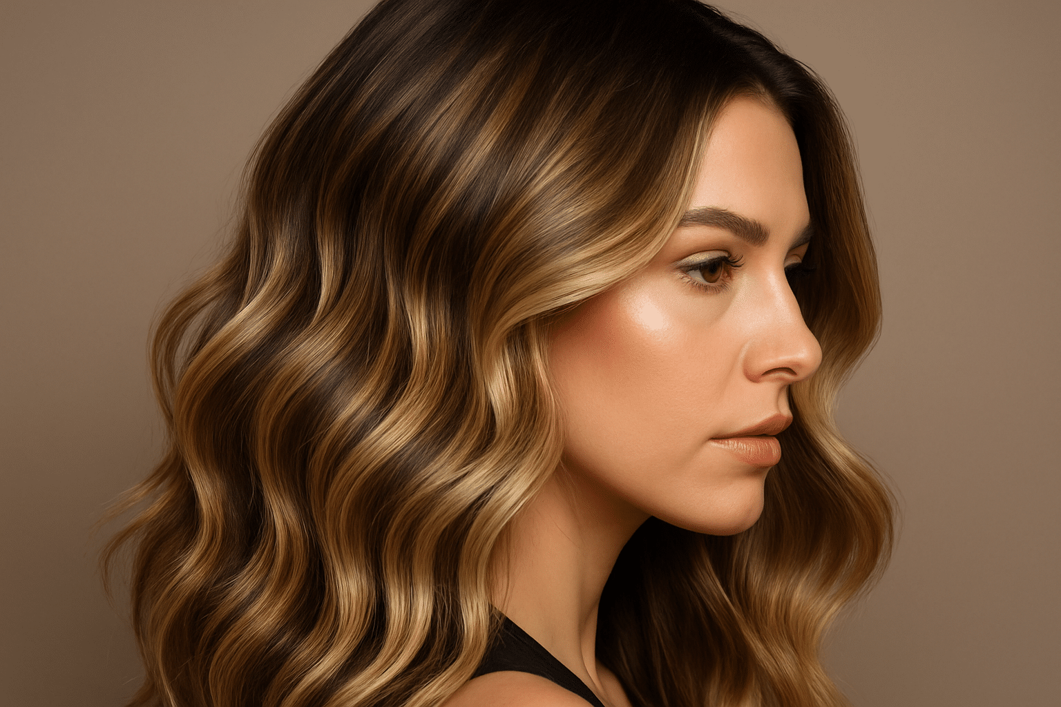 Porträt einer Frau im Dreiviertelprofil mit der Frisur Balayage.