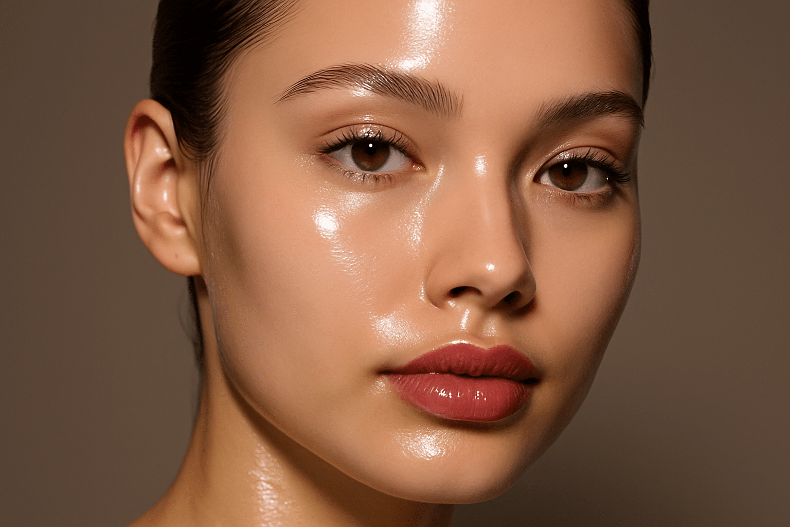Beauty-Nahaufnahme eines Gesichts mit dem Hautbild Glass Skin.